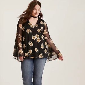 Torrid Black with Gold Flowers and bell sleeves shirt, size 3